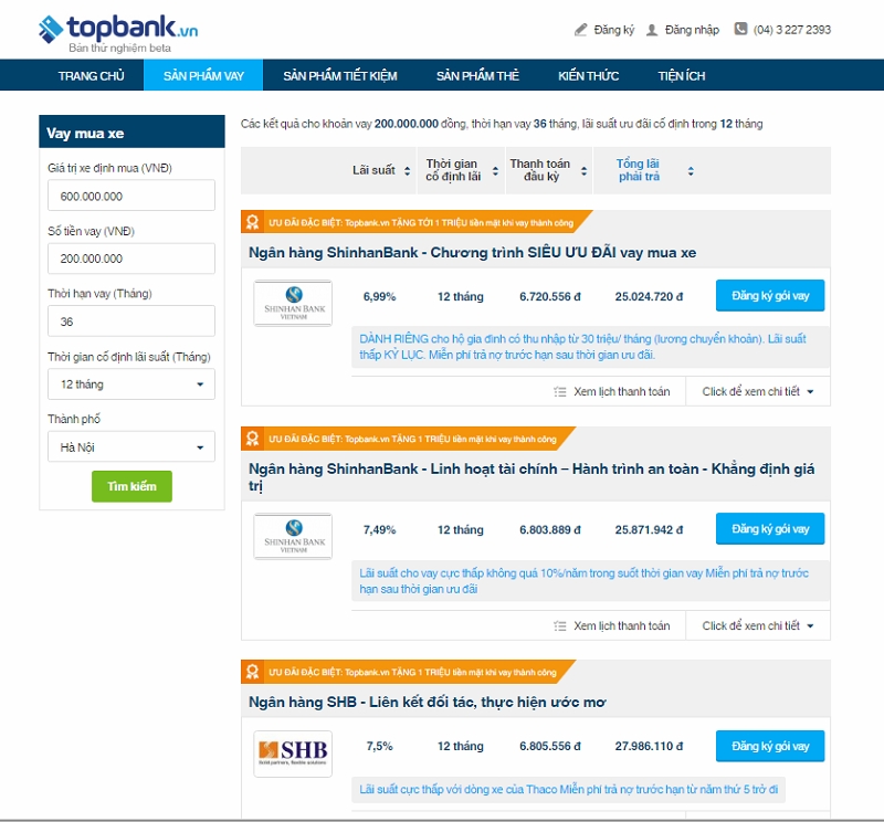 Công cụ so sánh các gói vay của Topbank.vn.