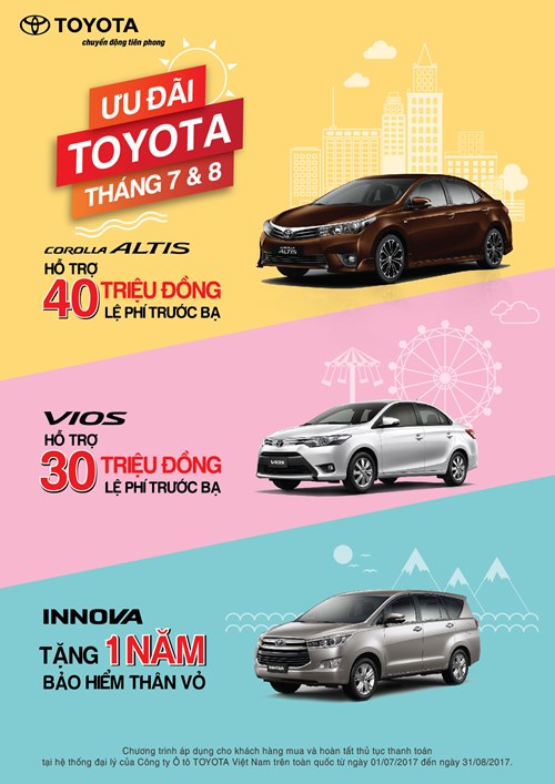 Toyota Việt Nam khuyến mãi lớn khi mua Corolla, Vios và Innova trong tháng 7 và 8.