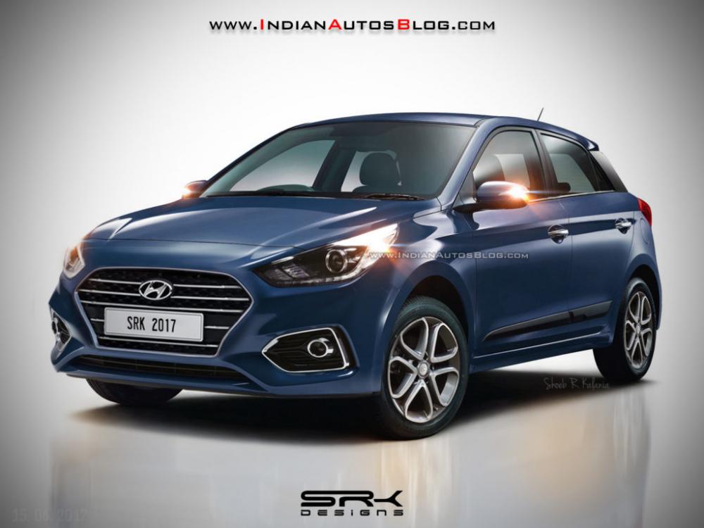 Hyundai i20 facelift render màu xanh, nhìn từ góc 3/4 thứ I