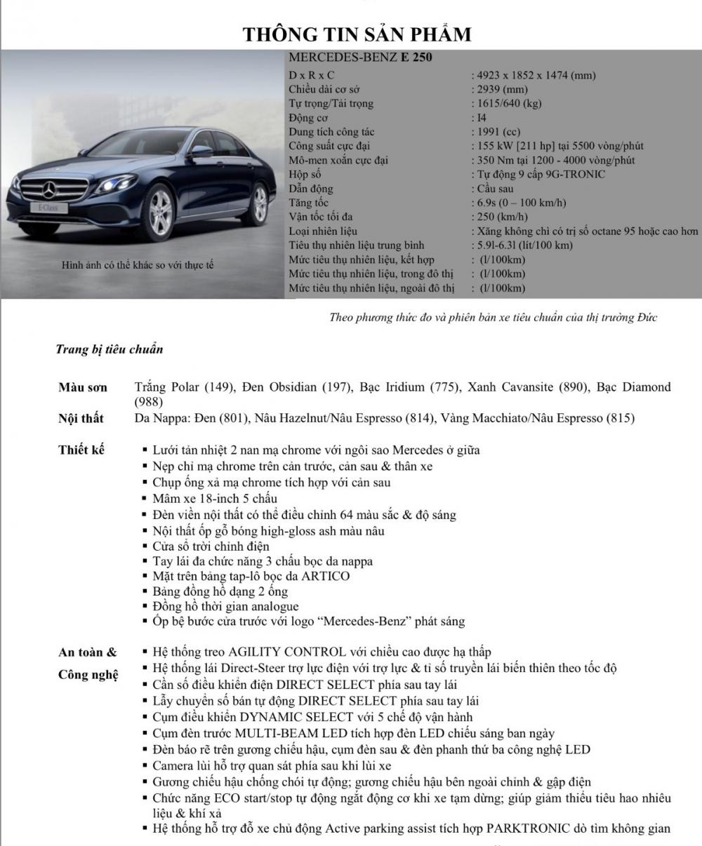 Bảng thông số kỹ thuật Merc E250 2018 Bảng thông số kỹ thuật Merc E250 2018..