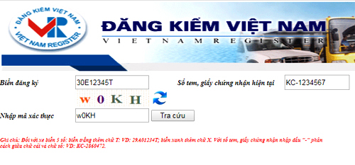 Giao diện tra cứu thông tin phạt nguội trên cổng thông tin trực tuyến của Cục đăng kiểm Việt Nam...
