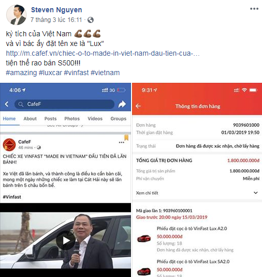 Steven Nguyen chia sẻ trên facebook về việc mua 36 xe VinFast