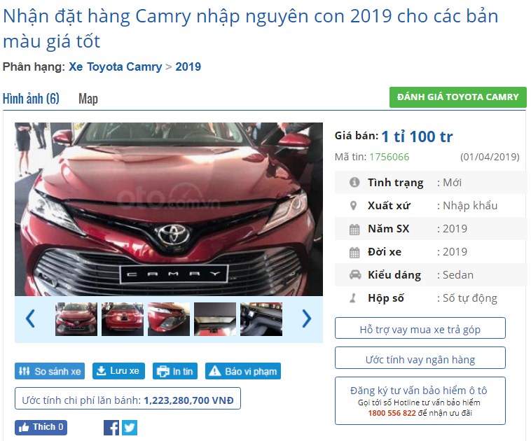 Đại lý nhận đặt cọc Toyota Camry 2019 nhập khẩu nguyên chiếc từ Thái Lan với giá từ 1,1 tỷ đồng.