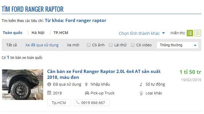 Chưa đầy 1 năm sử dụng, Ford Ranger Raptor trên thị trường cũ rớt giá gần 150 triệu đồng.