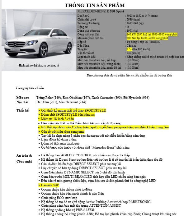 Thông số kỹ thuật Mercedes-Benz E200 Sport 2019 tại Việt Nam 1 Thông số kỹ thuật Mercedes-Benz E200 Sport 2019 tại Việt Nam a1