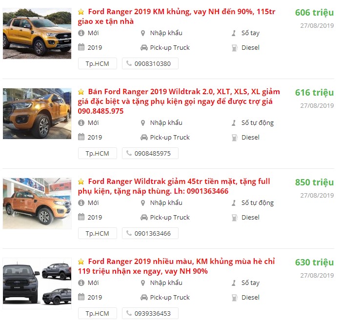 Giá xe Ford Ranger tại đại lý khuyến mại khủng đón tháng 9/2019.