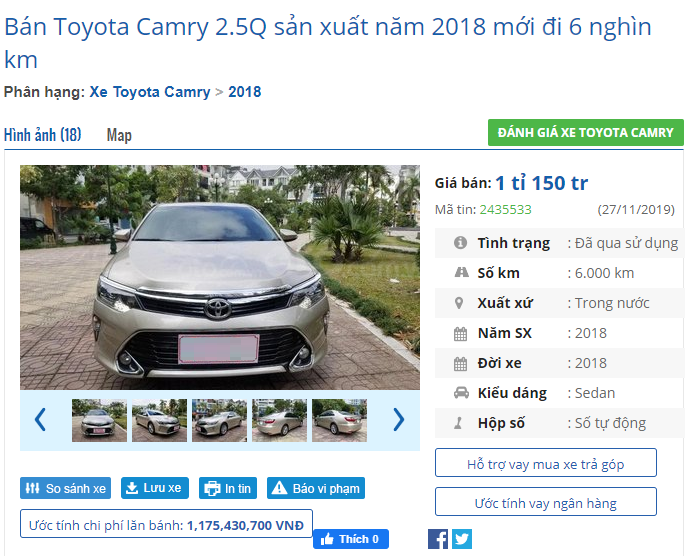Giá xe Toyota Camry 2018 2.5Q đã qua sử dụng