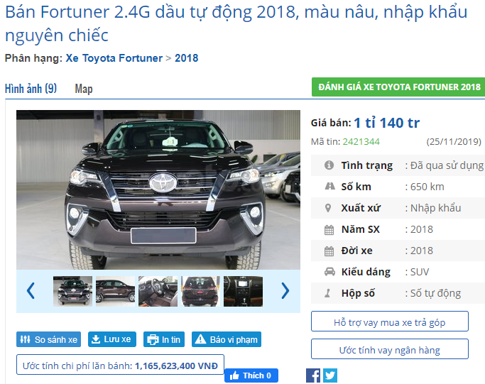 giá xe Toyota Fortuner đã qua sử dụng tại đại lý