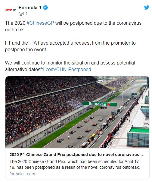 Chặng đua F1 ở Trung Quốc chính thức bị huỷ bỏ vì dịch corona 1a