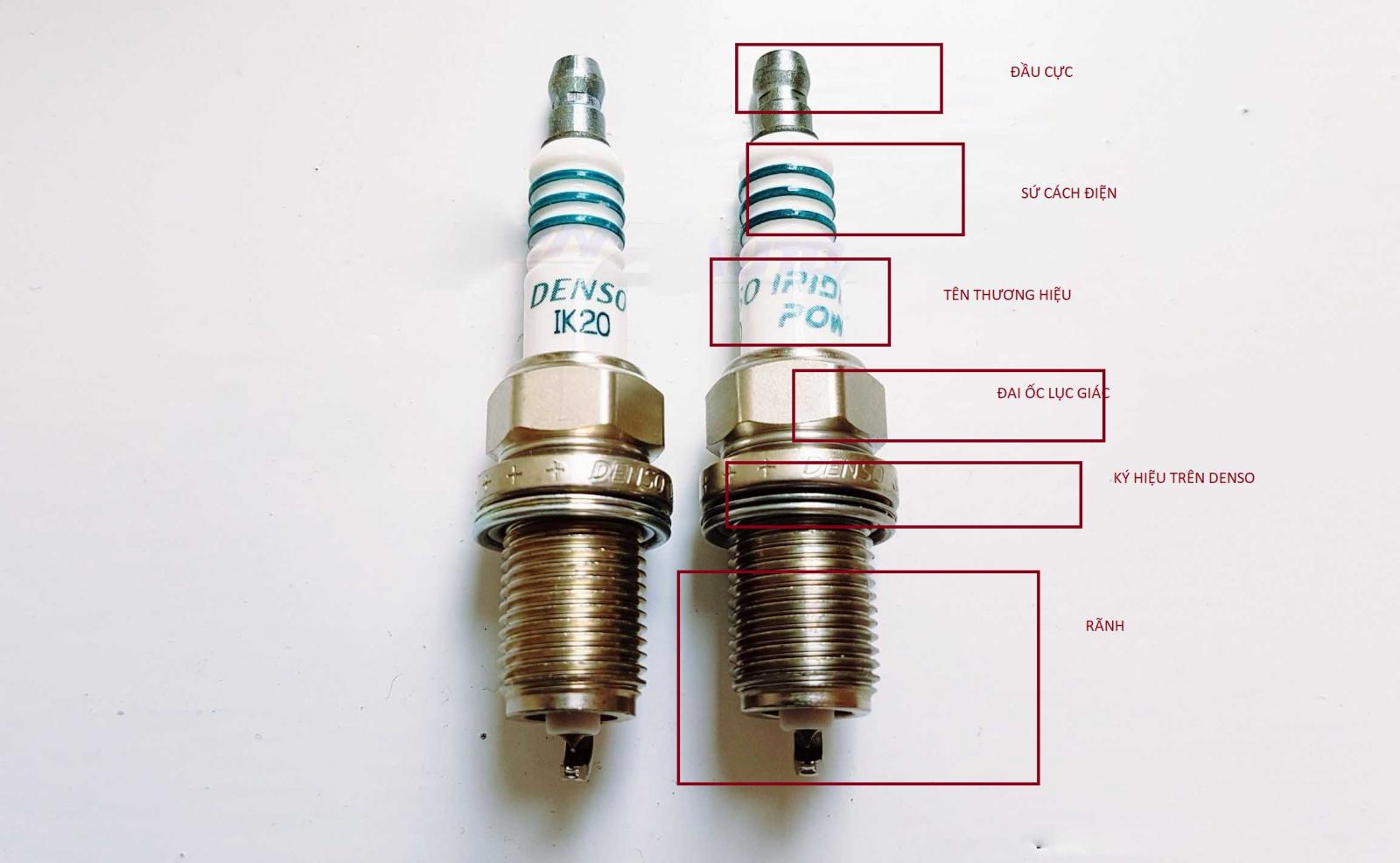 Bugi Denso thật bên phải, bugi denso giả bên trái.