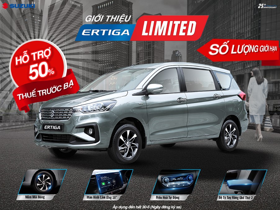 Suzuki Ertiga Limited được hỗ trợ 50% phí trước bạ và bảo hiểm.