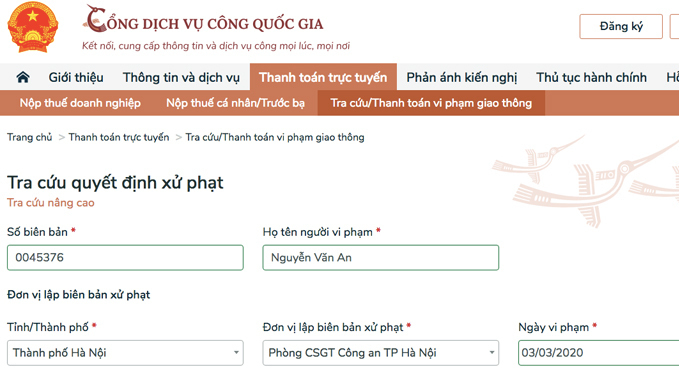 Nộp phạt qua cổng thông tin dịch vụ công quốc gia.