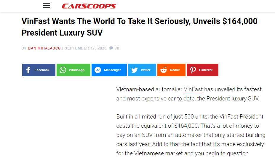 Trang tin xe hơi Carscoops đăng tải bài viết về VinFast President.