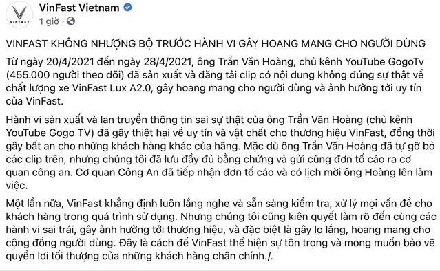 VinFast gửi đơn tố cáo Youtuber đưa tin xe Lux A2.0 sai sự thật 1