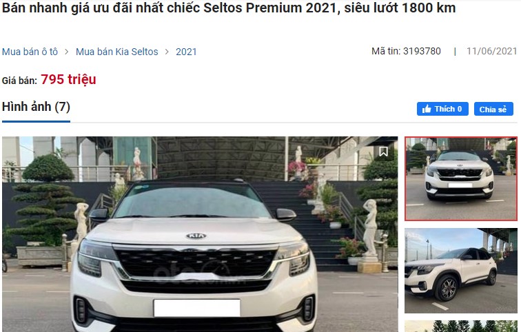 chiếc Seltos Premium 2021 biển Hải Dương có số ODO 1.800 km được rao bán với giá 795 triệu đồng 1