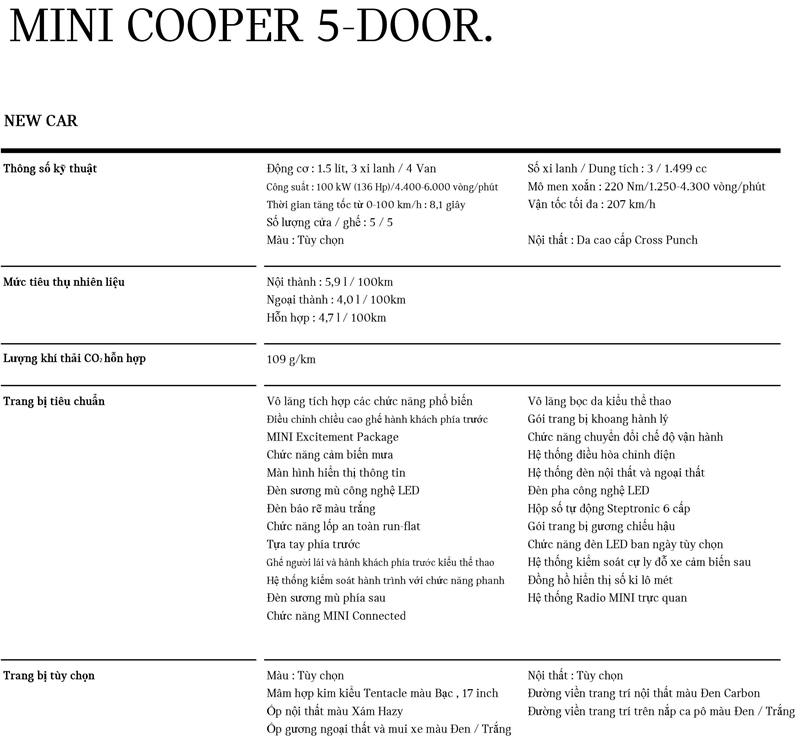 thông số kỹ thuật xe MINI Cooper 5 cửa 2021.