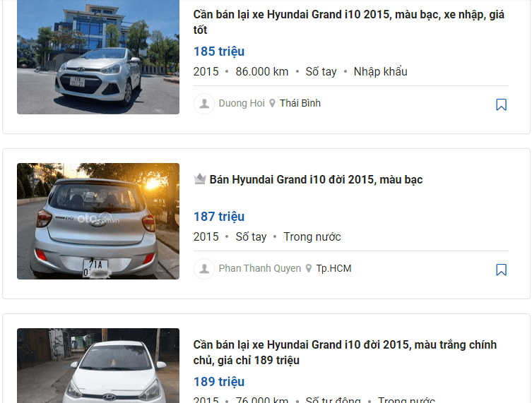 Mẫu xe cũ thuộc phân khúc A được rao bán nhiều nhất trong tuần là Hyundai Grand i10 đời 2015.