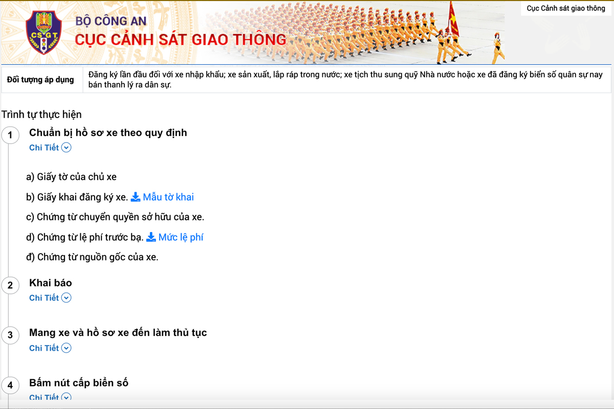 Cổng thông tin điện tử csgt.vn sẽ được hướng dẫn đầy đủ chi tiết quá trình các bước thực hiện đăng ký xe.