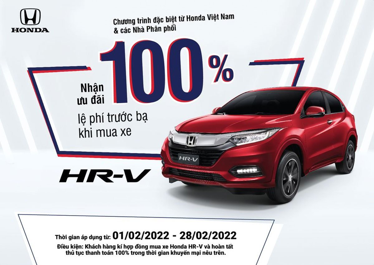 Khách mua Honda HR-V được ưu đãi hỗ trợ 100% lệ phí trước bạ.