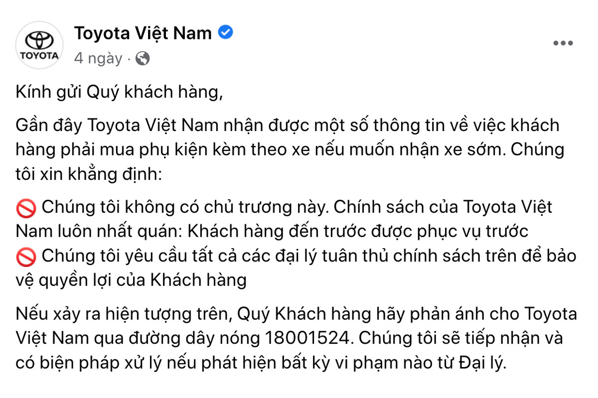 Thông báo chính thức từ Toyota Việt Nam.