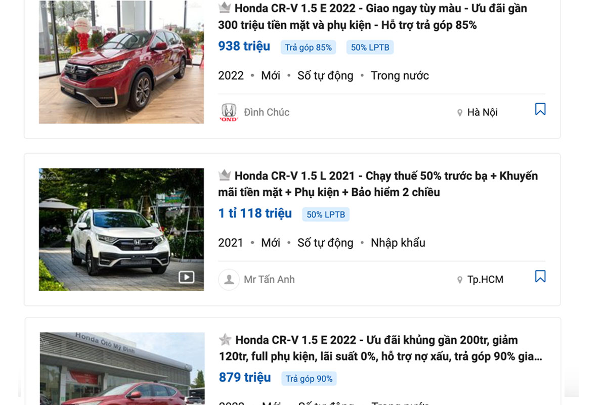  Honda CR-V hiện vẫn đang nhận được ưu đãi 50% phí trước bạ. (Ảnh: Chụp màn hình Tin rao Oto.com.vn)