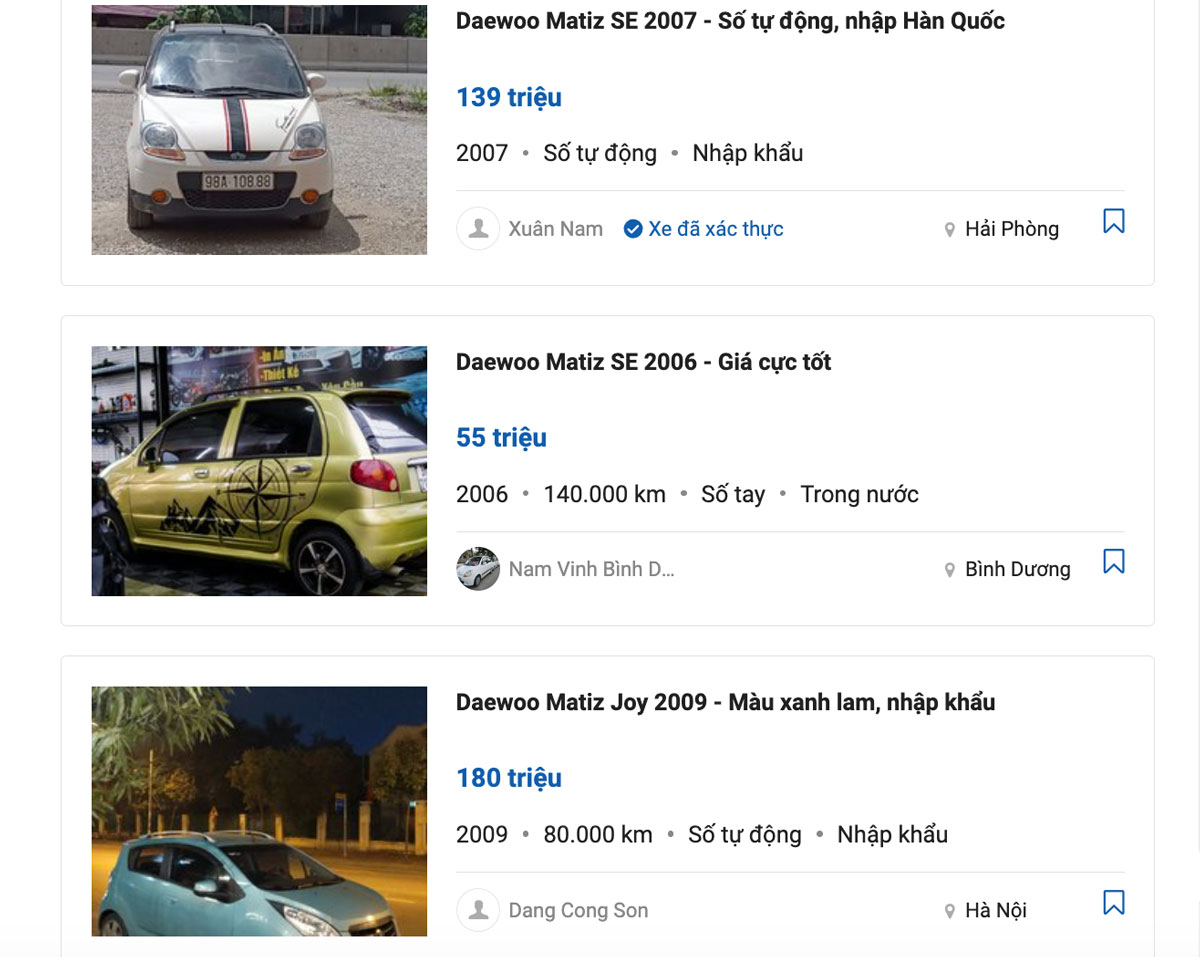 Giá xe Daewoo Matiz cũ trên thị trường hiện nay
