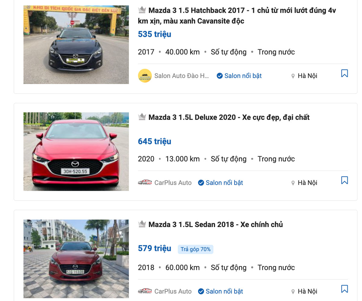 Giá xe Mazda 3 cũ tại Oto.com.vn cũng rất đa dạng.