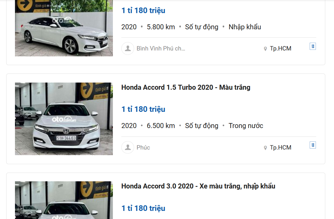 Giá xe Honda Accord 2020 cũ đang được rao bán trên Oto.com.vn.