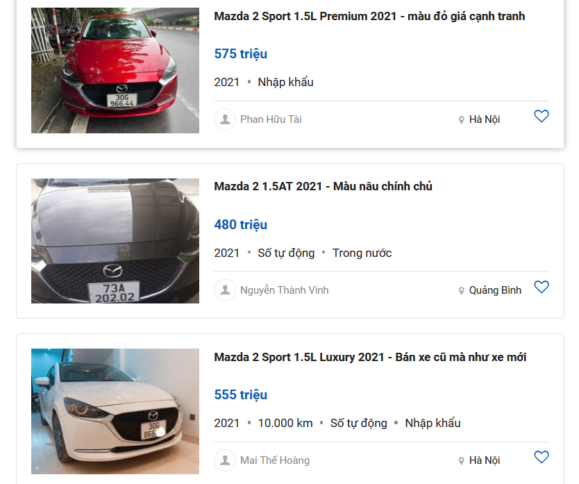 Giá xe Mazda 2 2021 đã qua sử dụng.
