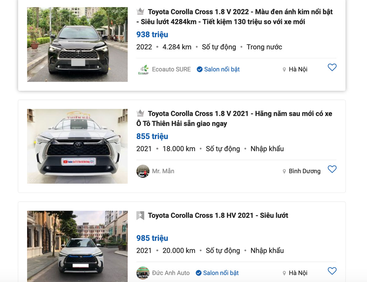 Tham khảo mức giá xe Toyota Corolla Cross cũ