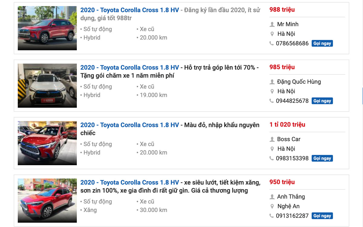 Giá xe Toyota Corolla Cross Hybrid bản 2020 đã qua sử dụng 