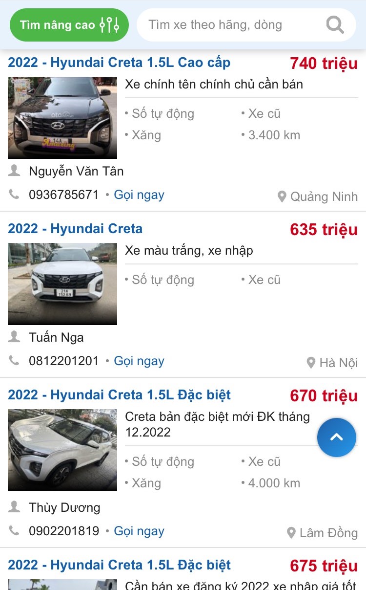 Hyundai Creta 2022 đã qua sử dụng được chào bán với giá từ 620 - 750 triệu đồng. 1