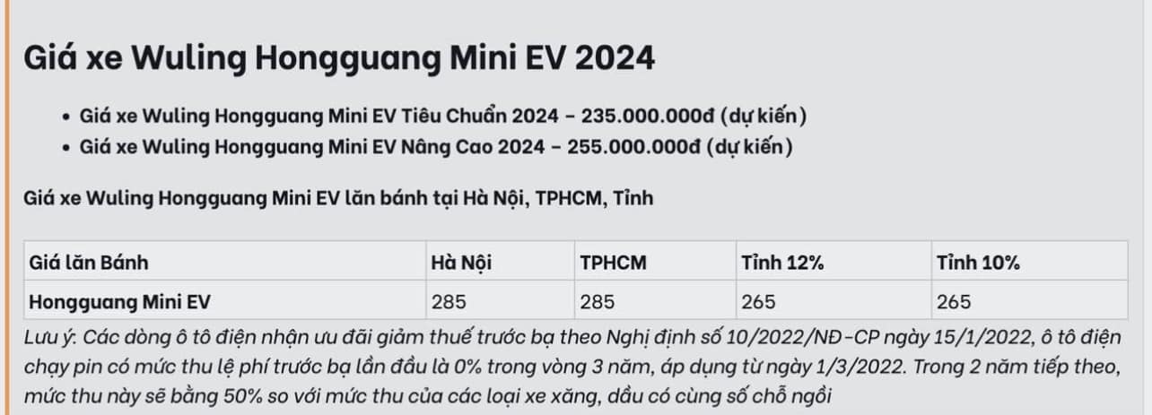 Bảng giá dự kiến xe Wuling HongGuang MiniEV 2024 rò rỉ trên mạng xã hội 1