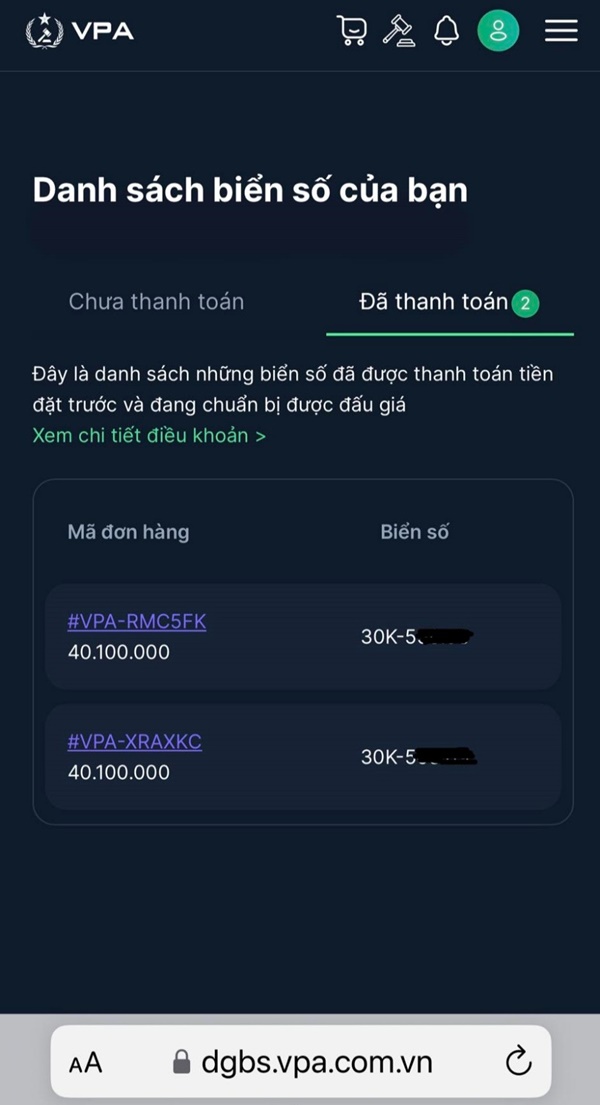 Danh sách biển số đã nộp tiền đặt cọc của người tham gia đấu giá lần đầu. 1