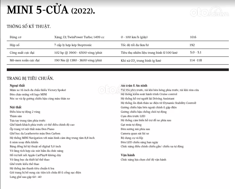 Thông số kỹ thuật xe MINI One 2022.