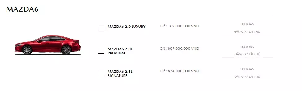 Chi tiết các phiên bản và giá xe Mazda 6 trên website chính hãng Chi tiết các phiên bản và giá xe Mazda 6 trên website chính hãng.