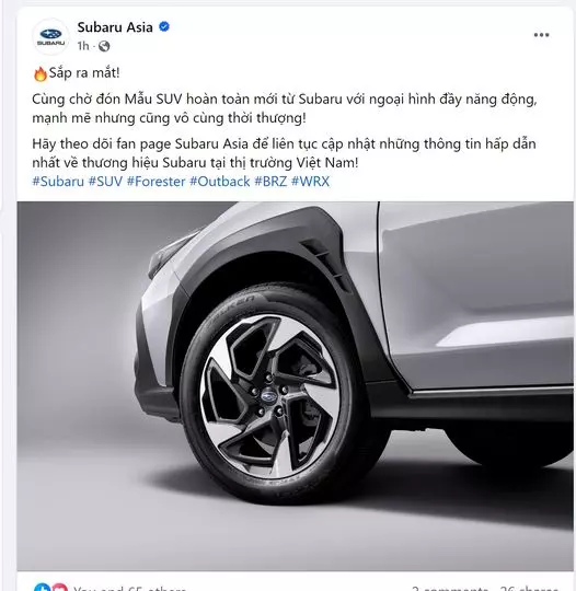 fanpage Subaru Asia đã đăng tải hình ảnh bánh xe cùng dòng trạng thái "Sắp ra mắt!". 1