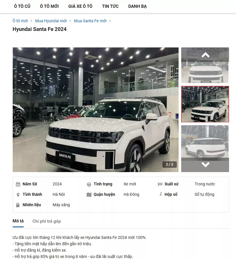 Tin rao bán xe Hyundai Santa Fe được đăng tải trên một chuyên trang ô tô.
