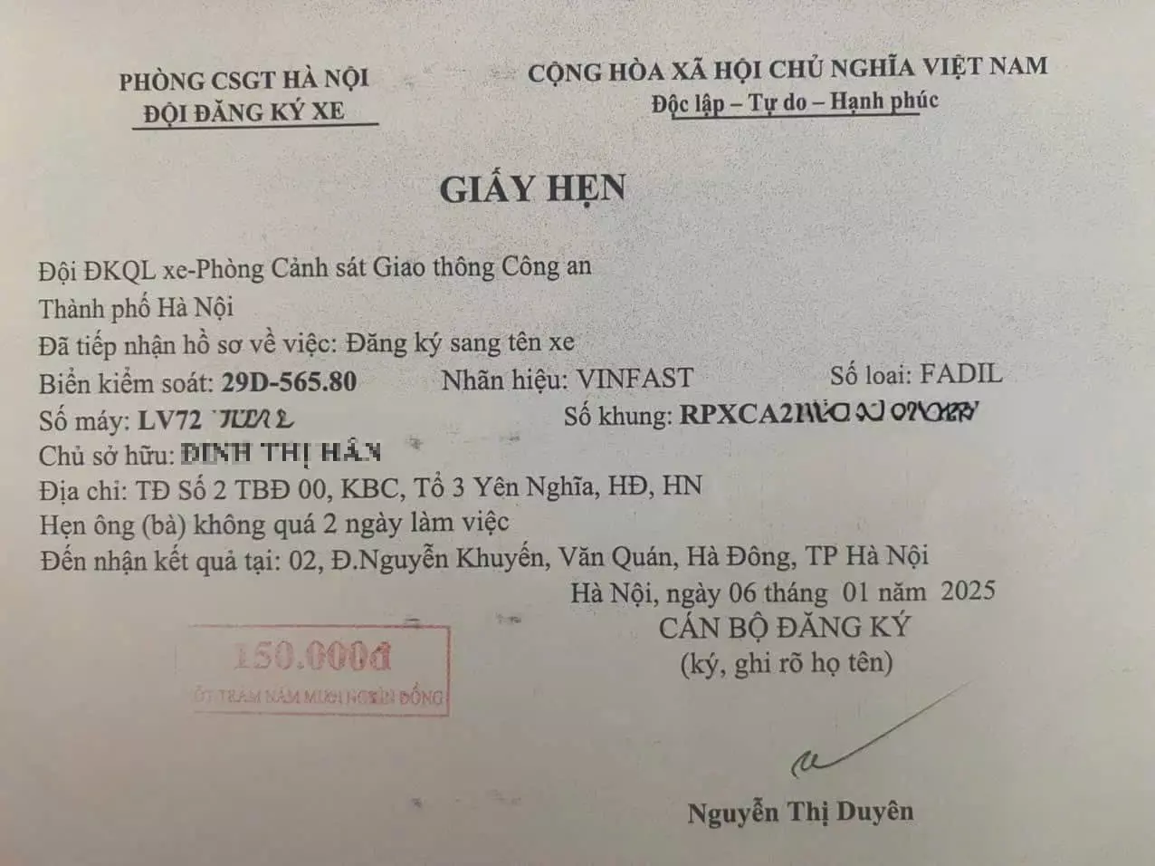 Giấy hẹn đăng ký sang tên xe VinFast Fadil.