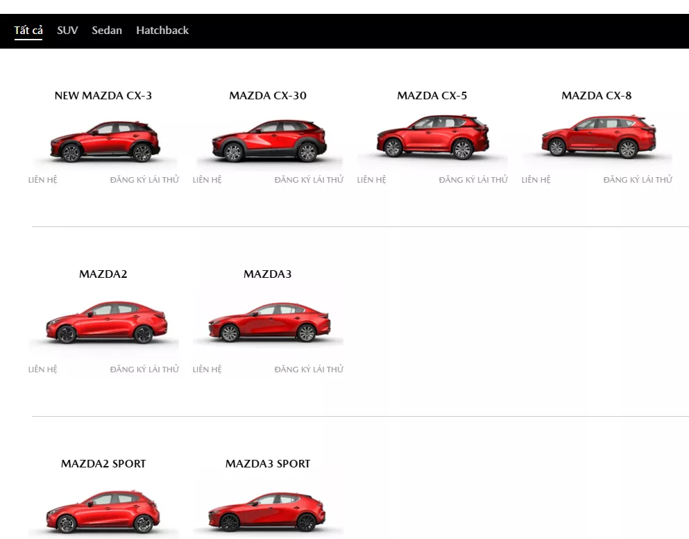 Mazda 6 không còn xuất hiện tại danh sách sản phẩm trên website chính hãng.