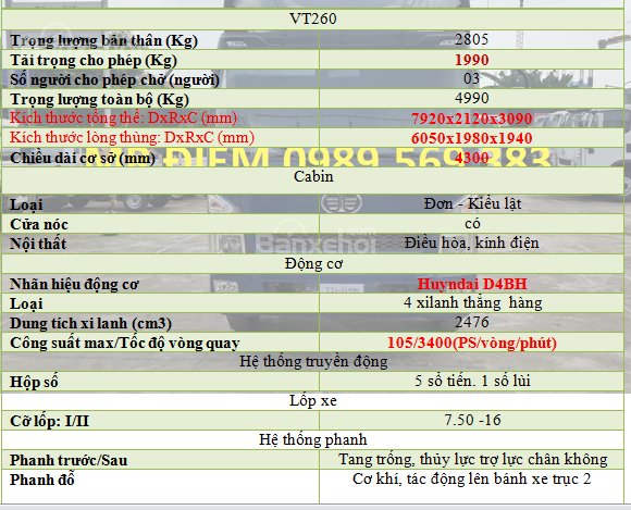 Xe Veam VT260-1 1.9tấn thùng dài 6m