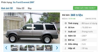 Chiếc xe 7 chỗ Ford Everest 2.5L – 4X2 MT được rao bán trên chợ xe hơi cũ Chiếc xe 7 chỗ Ford Everest 2.5L – 4X2 MT được rao bán trên chợ xe hơi cũ