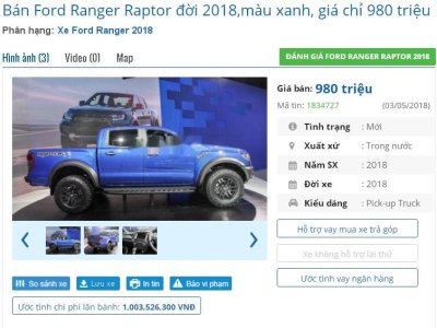 Đại lý nhận đặt cọc Ford Ranger Raptor 2018 từ 980 triệu đồng .