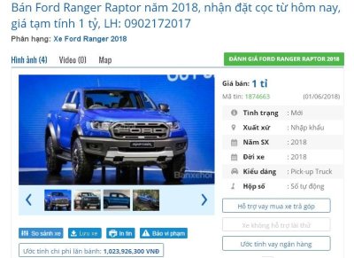  Ford Ranger Raptor 2018 có giá tạm tính cao nhất là 1 tỷ đồng tại đại lý Việt.