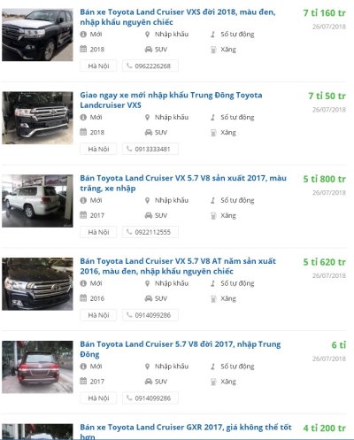 Toyota Land Cruiser nhập tư nhân hét giá chát, từ 5-7 tỷ đồng Toyota Land Cruiser nhập tư nhân hét giá chát, từ 5-7 tỷ đồng.