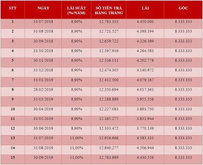 Bảng tiền lãi hàng tháng của 15 kỳ đầu tại TPBank Bảng tiền lãi hàng tháng của 15 kỳ đầu tại TPBank..