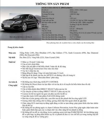 Thông số kỹ thuật Mercedes-Benz C250 Exclusive Thông số kỹ thuật Mercedes-Benz C250 Exclusive ...
