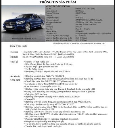 Bảng thông số kỹ thuật Mercedes-Benz C200 tại Việt Nam Bảng thông số kỹ thuật Mercedes-Benz C200 tại Việt Nam..