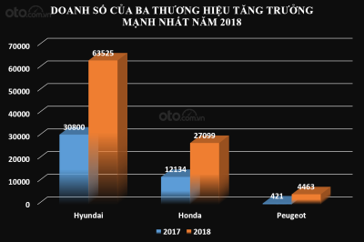 Biểu đồ doanh số của Hyundai, Honda và Peugeot trong năm 2017 và 2018...