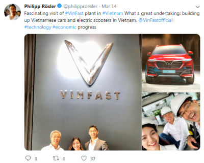 Twitter của Cựu Phó Thủ tướng Đức sau chuyến thăm VinFast